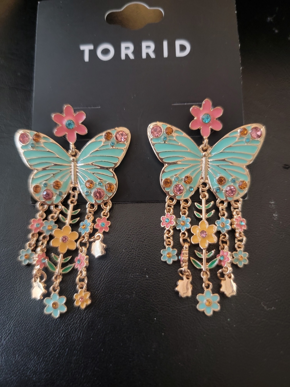 New NWT torrid Turquoise Butterfly Dangle Earrings with Pink & Yellow Flowers